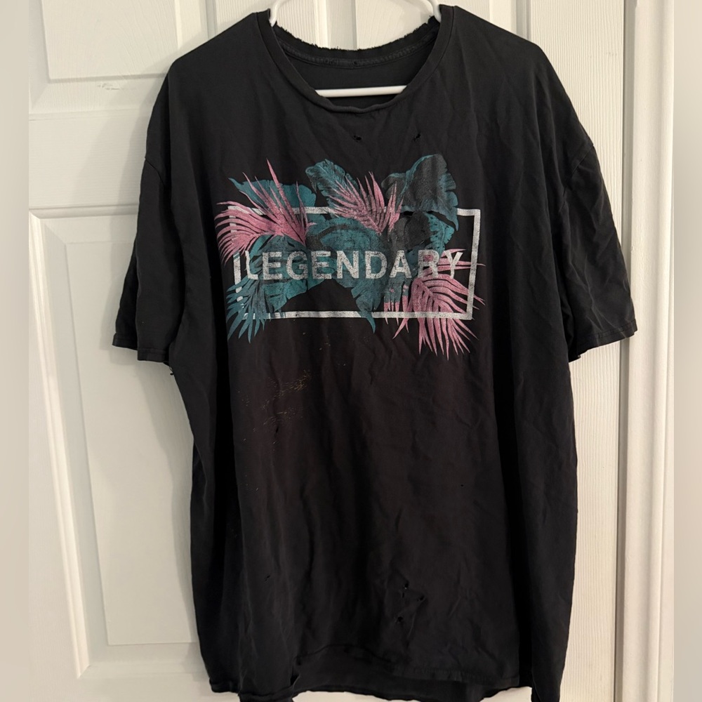 Distressed Black Graphic T-Shirt with Tropical Graphic Print Front & Back - Picture 11 of 11